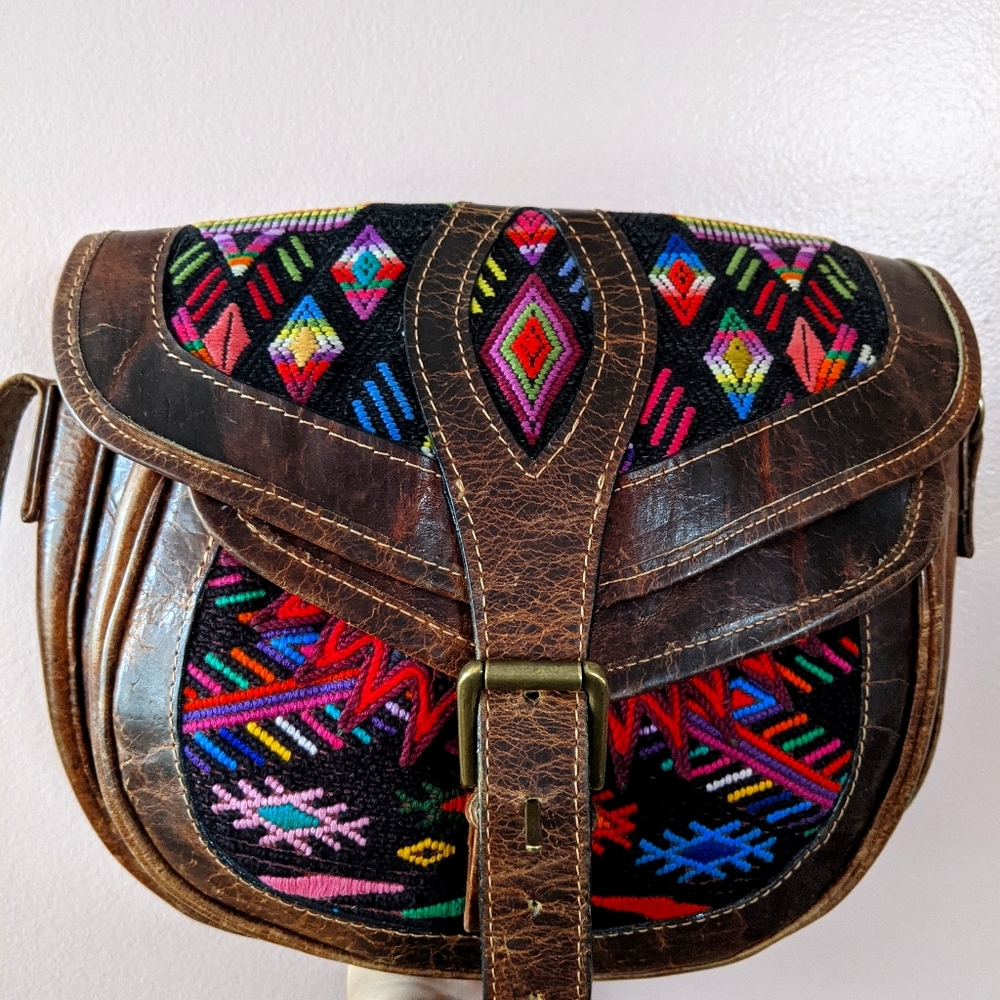 Leather and huipil handmade bag